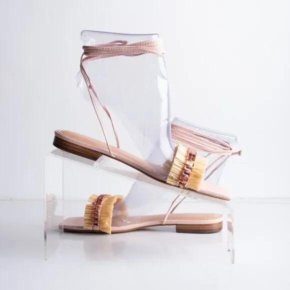 Anthropologie Embellished Tie Up Raffia Sandals Pink Rose EU 36 US 6 New - Picture 2 of 10